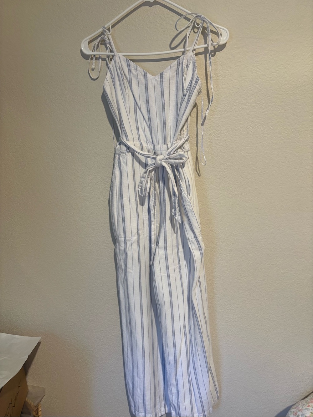 Striped Tie-Waist Linen Jumpsuit in White and Light Blue